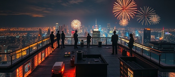 whimsical storytelling, invoking wonder, creates, photorealistic, on a bustling city rooftop with distant skyline and blinking lights, highly detailed, with fireworks illuminating the night, 8k resolution, bright neon colors, nighttime ambiance, shot with a 35mm lens.