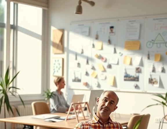 innovative branding identity, thoughtful expression, brainstorming, photorealistic, office with idea boards, highly detailed, dynamic idea flow, 4k resolution, pastel colors, natural sunlight, shot with a 35mm lens.
