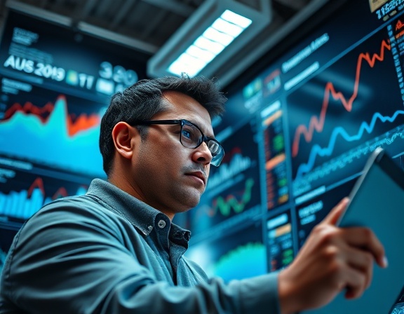 innovative SEO techniques, focused determination, analyzing data trends, photorealistic, urban digital workspace with graphs and charts on walls, highly detailed, real-time data changes on display, 4k resolution, cool tones, overhead LED lighting, shot with a wide-angle lens