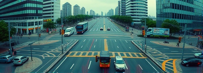 intelligent traffic optimization, strategic, optimizing routes efficiently, photorealistic, city junctions embedded with smart sensors and traffic signs, highly detailed, synchronized traffic signals, enhanced mobility, vibrant green hues, natural daylight, shot with a fisheye lens