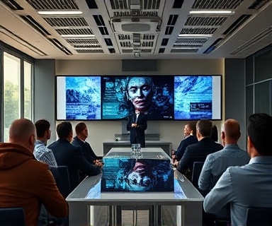 impactful video advertising, persuasive expression, pitching concepts assertively, photorealistic, high-tech boardroom with interactive displays, highly detailed, advertisers presenting in front of an audience, bold, mid-day sunlight, shot with a 70-200mm lens.