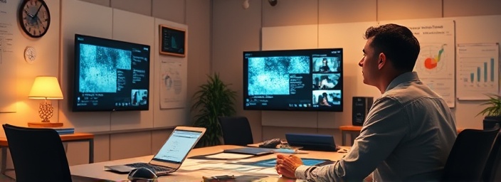 strategic video strategy, thoughtful expression, planning scenes intricately, photorealistic, open office with charts and video assessments on walls, highly detailed, strategists analyzing on-screen data, balanced, warm lighting, shot with a 85mm lens.