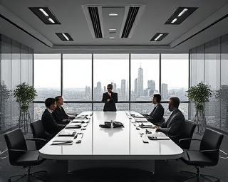 strategic social media marketing, decisive planning, maximizing brand reach, photorealistic, elegant boardroom with a skyline view, highly detailed, interactive presentations, panoramic shot, monochrome palette, diffused lighting, shot with a 70mm lens.