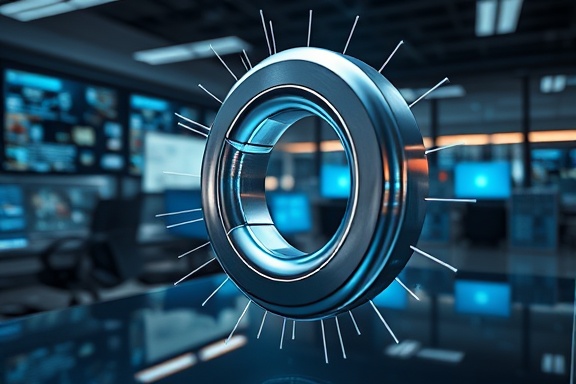 futuristic lead magnet, intrigued, emanating magnetic waves, photorealistic, placed in an office environment with digital screens, highly detailed, with animated data flow, precise focus, silver and blue, cool HDR lighting, shot with a wide-angle lens
