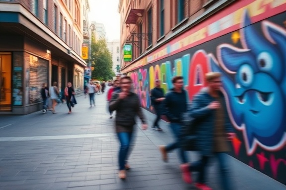 dynamic social media content, eye-catching image, capturing audience attention, photorealistic, vibrant urban setting with street art, highly detailed, motion blur of passersby, medium format, saturated colors, evening glow, shot with a 24mm lens.