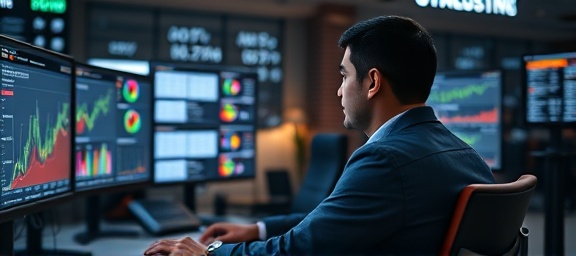 strategic online reputation manager, analyzing data, photorealistic, tech-savvy environment with multiple monitors and analytical software, highly detailed, real-time analytics dashboard, 24mm lens, vibrant colors, ambient lighting, shot with a wide-angle lens.