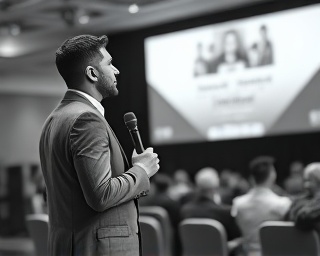 efficient branding strategy, confident expression, presenting, photorealistic, conference venue with digital displays, highly detailed, animated slides, digital sharpness, monochrome, stage lighting, shot with a telephoto lens.