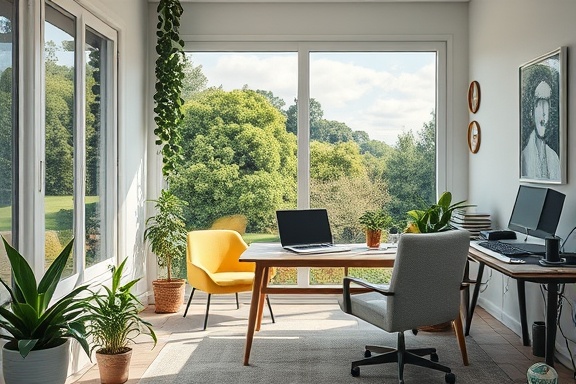 efficient SEO methods, meticulous attention, configuring algorithms, photorealistic, cozy home office with garden view, highly detailed, shadows moving as clouds pass, HDR, pastel shades, soft afternoon lighting, shot with a tilt-shift lens