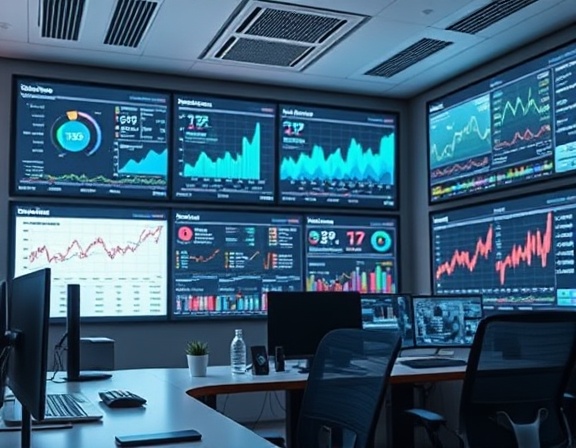 cutting-edge social media analytics, insightful visualization, tracking real-time data, photorealistic, sleek office with digital dashboards, highly detailed, fluctuating graphs, high-resolution capture, cool tones, overhead lighting, shot with a 50mm lens.