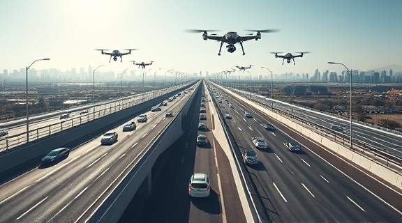exponential traffic growth, optimistic, expanding pathways and opportunities, photorealistic, futuristic highway overpass with flying drones and automated vehicles, highly detailed, roads bustling with activity, forward momentum, metallic gray and bright blue tones, bright natural sunlight, shot with an ultra-wide lens