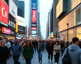 engaging social media posts, vibrant expression, stimulating online interactions, photorealistic, bustling city backdrop with digital billboards, highly detailed, lively movement of pedestrians, wide-angle view, warm hues, twilight-hour lighting, shot with a 20mm lens.