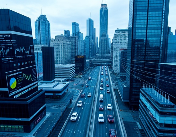 sophisticated traffic analytics, insightful, monitoring real-time data streams, photorealistic, urban skyline filled with informative digital dashboards, highly detailed, animated data graphs, seamless connectivity, cool blue tones, soft overcast lighting, shot with a 50mm lens