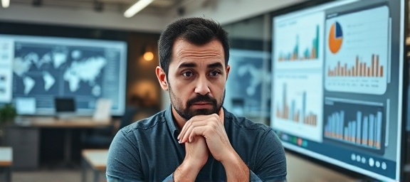 strategic branding strategy, pensive expression, planning, photorealistic, modern office with graphs and charts, highly detailed, interactive touchscreen boards, 8k clarity, muted tones, overhead lighting, shot with a wide-angle lens.