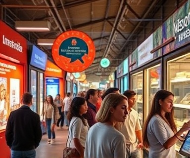 engaged traffic engagement, interactive, fostering user involvement, photorealistic, bustling market scene with interactive kiosks and advertising screens, highly detailed, people engaging with digital interfaces, vibrant interactivity, warm colors, glowing ambient light, shot with a macro lens
