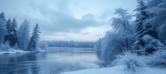 dreamlike our story, inspiring awe, unfolds, photorealistic, in a snowy landscape with frosted trees and a frozen lake reflecting the sky, highly detailed, with snowflakes gently falling, 8k resolution, icy blues and whites, cool dusk light, shot with a 28mm lens.