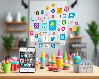 innovative social media content creation, energetic workflow, crafting viral trends, photorealistic, creative studio with colorful props, highly detailed, cloud of floating icons, tilt-shift focus, pastel colors, studio lighting, shot with a 50mm lens.