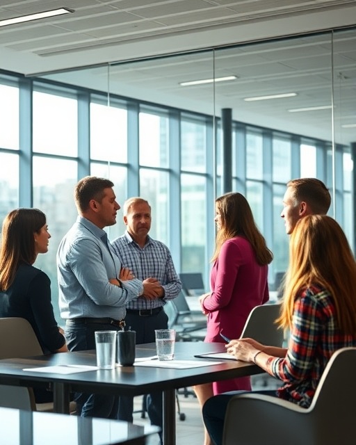 creative social media strategy, collaborative atmosphere, brainstorming new approaches, photorealistic, modern conference room with glass walls, highly detailed, participants exchanging ideas, prime focus, vivid colors, natural sunlight illumination, shot with an 85mm lens.