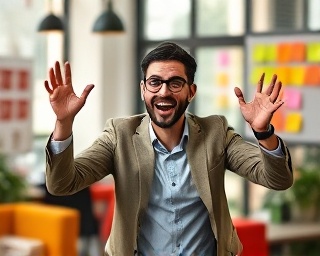 dynamic branding concept, enthusiastic expression, generating ideas, photorealistic, creative lounge with colorful post-its, highly detailed, vibrant mood, full HD, contrasting colors, window-lit, shot with a 85mm lens.