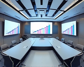 economic branding design, analytical expression, evaluating, photorealistic, modern meeting room with projector screens, highly detailed, flowing graphs, high-tech resolution, cool tones, balanced fluorescent light, shot with a fish-eye lens.