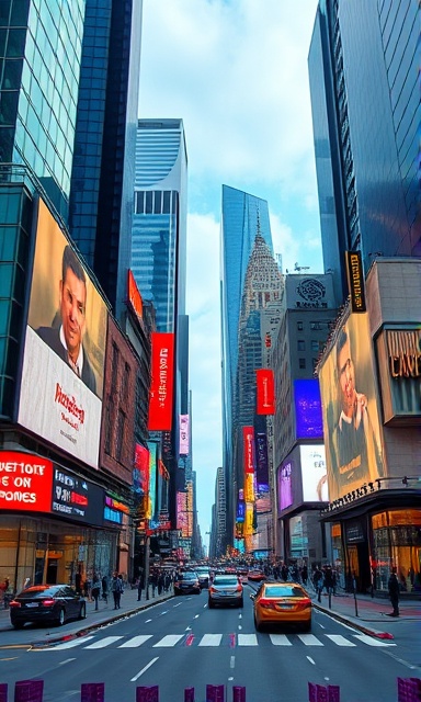 modern website graphics, inspired, depicting a marketing campaign, photorealistic, bustling virtual cityscape, highly detailed, movement among digital billboards, vibrant, dynamic contrast lighting, shot with a wide-angle lens