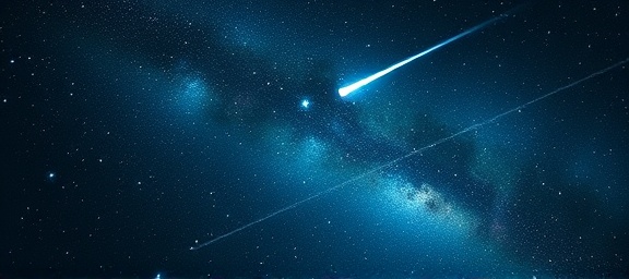 mystical story journey, sparking imagination, evolves, photorealistic, across a starry night sky with shooting stars and shimmering galaxies, highly detailed, with a comet streaking by, 8k resolution, deep blues and silvers, moonlit, shot with a wide-angle lens.
