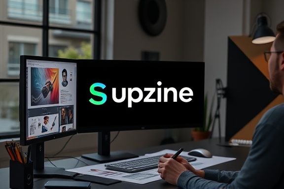 sleek branding logo, inspired expression, illustrating, photorealistic, digital workspace with dual monitors, highly detailed, design sketch layers, high-definition detail, bold colors, LED backlit, shot with a 24-70mm lens.