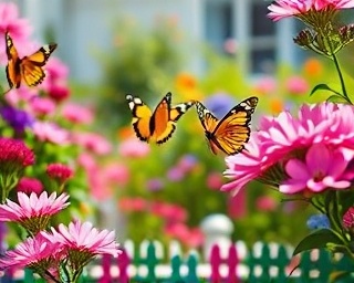 enchanting story art, conveying bliss, blossoms, photorealistic, in a vibrant garden with colorful flowers and fluttering butterflies, highly detailed, with petals dancing in the wind, 8k resolution, vivid pinks and greens, dappled sunlight, shot with a 24mm lens.
