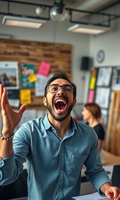 creative video promotion, excited expression, brainstorming concepts, photorealistic, collaborative workspace with mood boards and notes, highly detailed, ideas flowing in spirited discussions, saturated, natural lighting, shot with a 24mm lens.