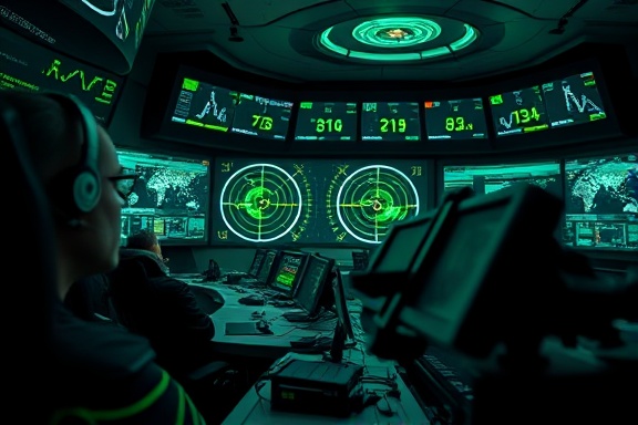 dynamic lead targeting, intense, zeroing in on data points, photorealistic, in a futuristic command center with holographic screens, highly detailed, with moving holograms, high contrast, green and black, sharp directional lighting, shot with a telephoto lens
