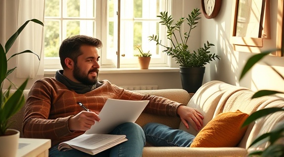 innovative video content, passionate expression, scripting dialogues eagerly, photorealistic, creative corner with draft scripts and coffee mugs, highly detailed, writers engrossed in storytelling, rich, morning sunlight, shot with a 28mm lens.