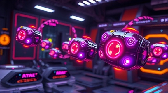 innovative lead capture, enthusiastic, gathering data streams, photorealistic, set in a sci-fi setting with floating digital pods, highly detailed, with moving robotic elements, crisp detail, gold and purple, ambient glow lighting, shot with a prime lens