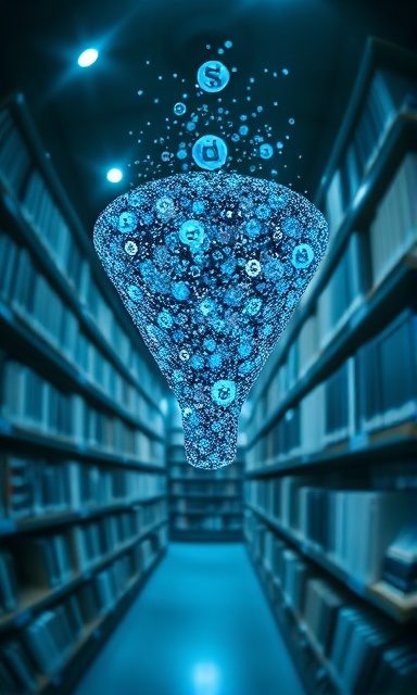 sophisticated lead funnel, analytical, filtering data particles, photorealistic, in a virtual library of digital books, highly detailed, with swirling data particles, bokeh, monochromatic with blues and grays, spotlight lighting, shot with a fisheye lens