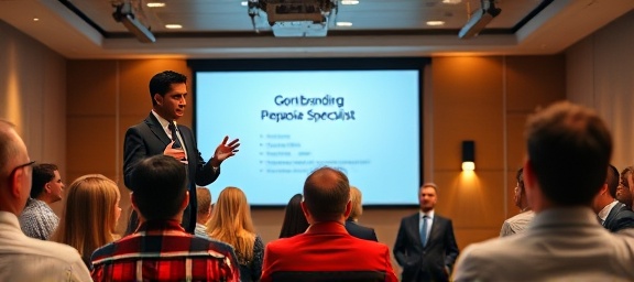 confident branding reputation specialist, presenting ideas, photorealistic, conference room with projector screen and eager audience, highly detailed, animated presentation slides, 35mm lens, warm hues, spotlight effect, shot with a prime camera lens.