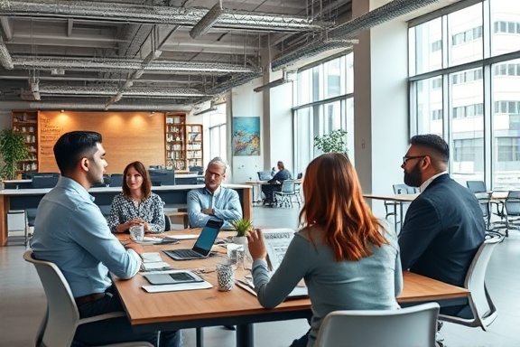 innovative management authority figure, leading a dynamic discussion, photorealistic, open office area with collaborative tables and modern decor, highly detailed, lively team interactions, 70mm lens, crisp colors, well-distributed lighting, shot with a zoom lens.