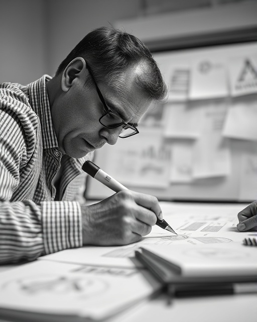 unique branding design, focused expression, drafting, photorealistic, design workshop with mood boards, highly detailed, moving papers, in ultra-sharp focus, grayscale, studio lighting, shot with a macro lens.
